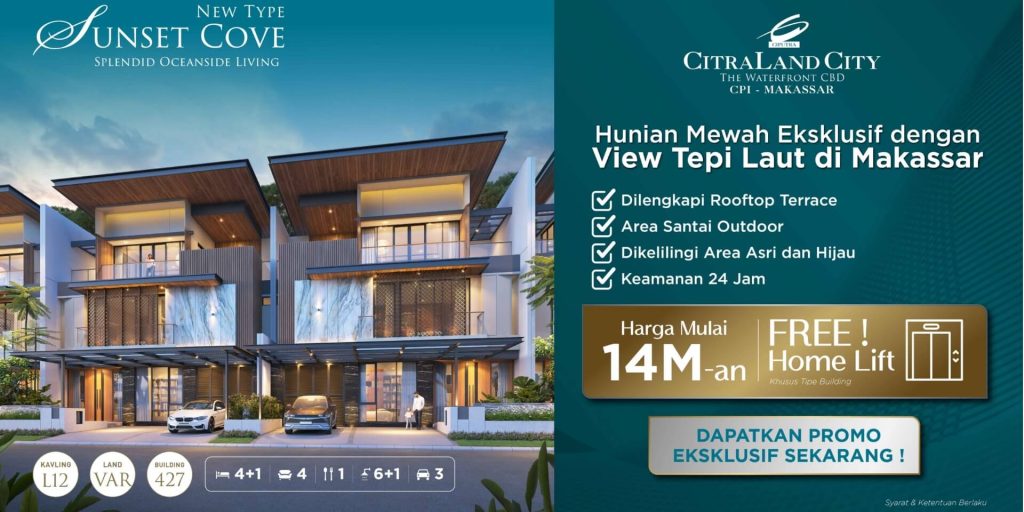 Split-screen real estate ad: left side shows modern townhouses with cars in the driveway; right side lists luxury living promos in Indonesian with checkmarks and a gold promo badge.