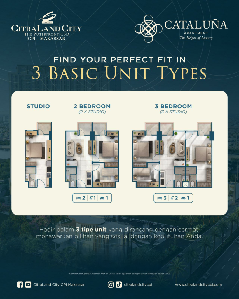 advertisement poster for citraland city showing three apartment layouts studio 2 bedroom and 3 bedroom with floor plans and unit counts   citraland city center point indonesia