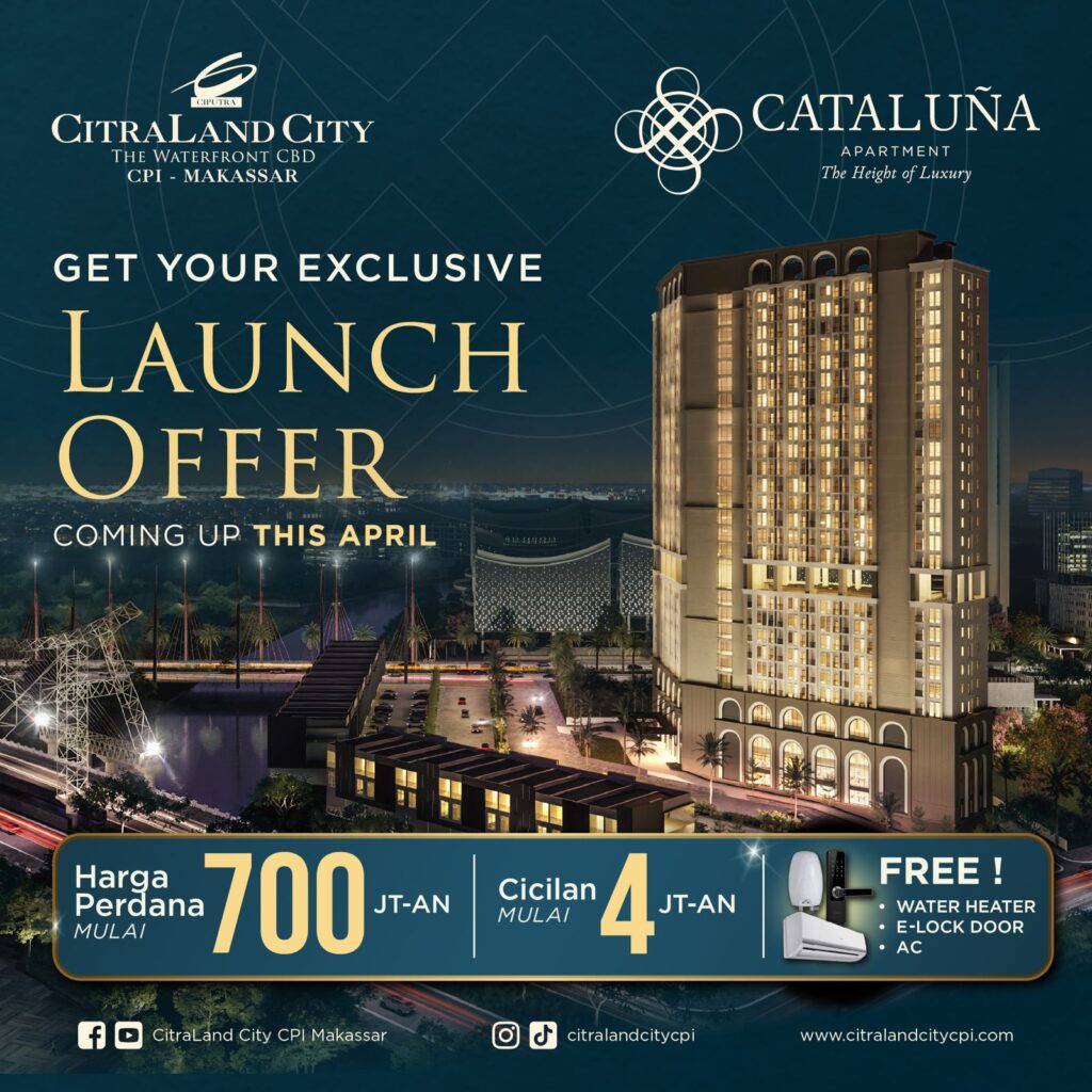 nighttime ad banner for citraland city and catalina apartment featuring a tall illuminated building and the words launch offer and coming up this april   citraland city center point indonesia