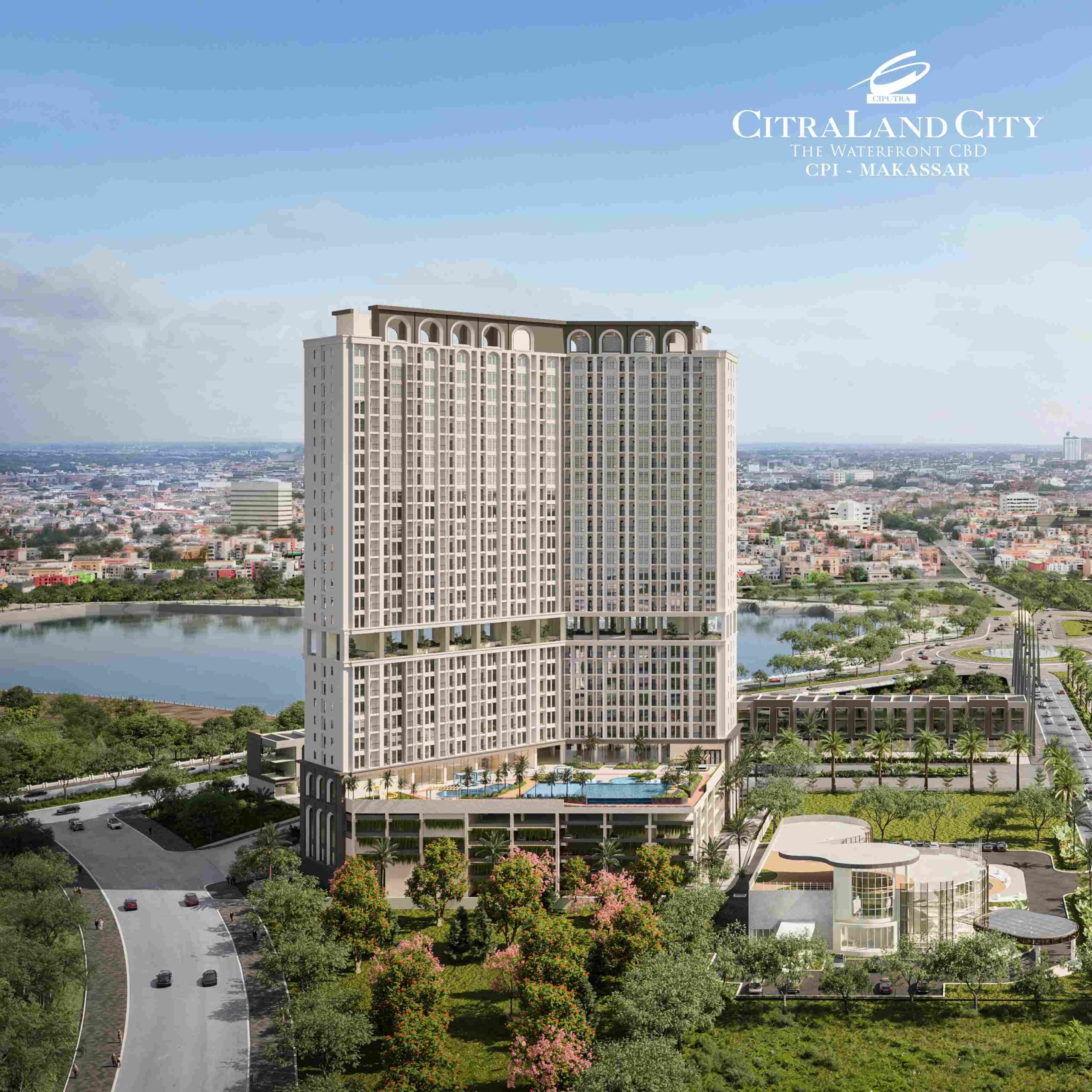 cgi rendering of a tall modern residential tower with arched rooftop design rooftop pool and surrounding cityscape and greenery by a river   citraland city center point indonesia
