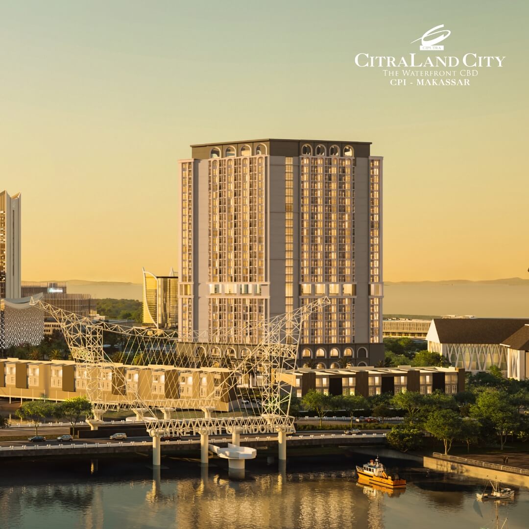 rendering of citraland city waterfront development tall beige skyscraper by the river with a white latticed pedestrian bridge in the foreground   citraland city center point indonesia   citraland city center point indonesia